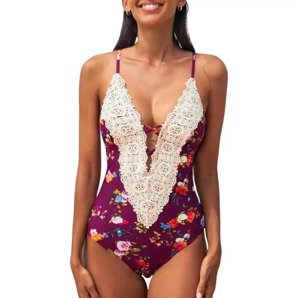 imageCUPSHE Womens One Piece Vintage Lace Deep V Neck Cutout SwimsuitGrape