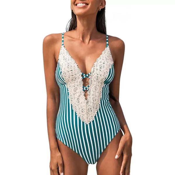 imageCUPSHE Womens One Piece Vintage Lace Deep V Neck Cutout SwimsuitTeal Stripe