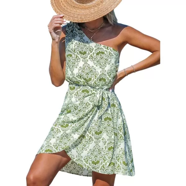 imageCUPSHE Womens One Shoulder Beach Dress Paisley Side Tie Waist Sleeveless A Line Mini Summer DressesGreen