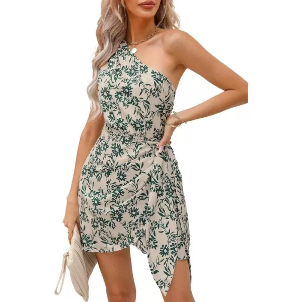 imageCUPSHE Womens One Shoulder Leaf Print Selftie Short Dress Sleeveless Tiered Hem Formal Dress Casual Mini DressGreen Floral