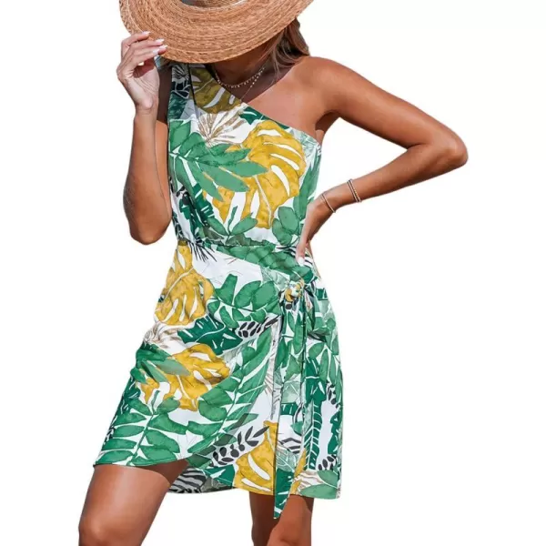 imageCUPSHE Womens One Shoulder Leaf Print Selftie Short Dress Sleeveless Tiered Hem Formal Dress Casual Mini DressGreen Tropical