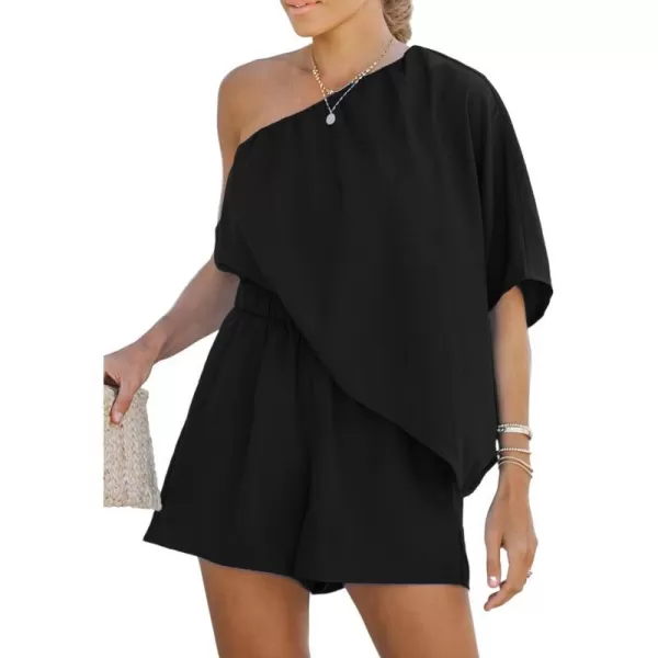 imageCUPSHE Womens One Shoulder Romper Wide Leg Short Jumpsuits Outfit Sexy Casual DatingBlack