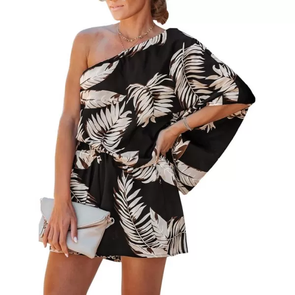 imageCUPSHE Womens One Shoulder Romper Wide Leg Short Jumpsuits Outfit Sexy Casual DatingBlack Leaves