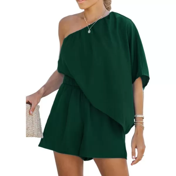 imageCUPSHE Womens One Shoulder Romper Wide Leg Short Jumpsuits Outfit Sexy Casual DatingDark Green