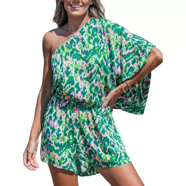 imageCUPSHE Womens One Shoulder Romper Wide Leg Short Jumpsuits Outfit Sexy Casual DatingGreen Leopard