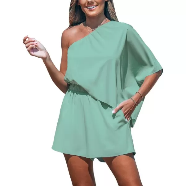 imageCUPSHE Womens One Shoulder Romper Wide Leg Short Jumpsuits Outfit Sexy Casual DatingLight Green