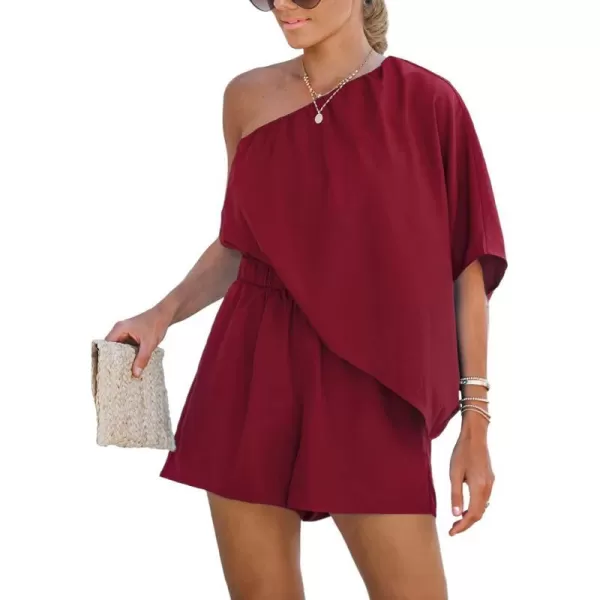 imageCUPSHE Womens One Shoulder Romper Wide Leg Short Jumpsuits Outfit Sexy Casual DatingWine