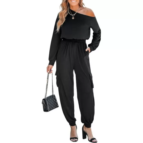 imageCUPSHE Womens One Shoulder Smocked Jogger Jumpsuit Long Sleeve Drawstring Waist Stretchy OutfitBlack