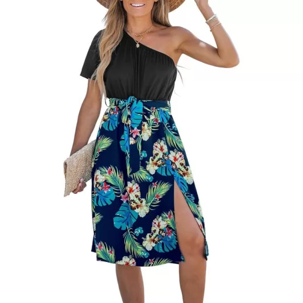 imageCUPSHE Womens One Shoulder Tropical Leaf Print Midi Dress Selftie Sash Belt A Line Summer Dress Short DressBlue Floral