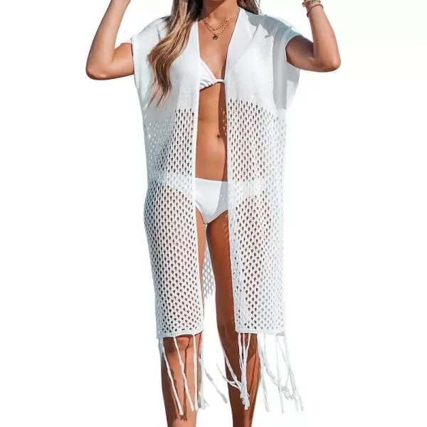 imageCUPSHE Womens Open Front Kimono Bathing Suit Cover Up Tassel Summer Swim Coverups with Short SleevesWhite