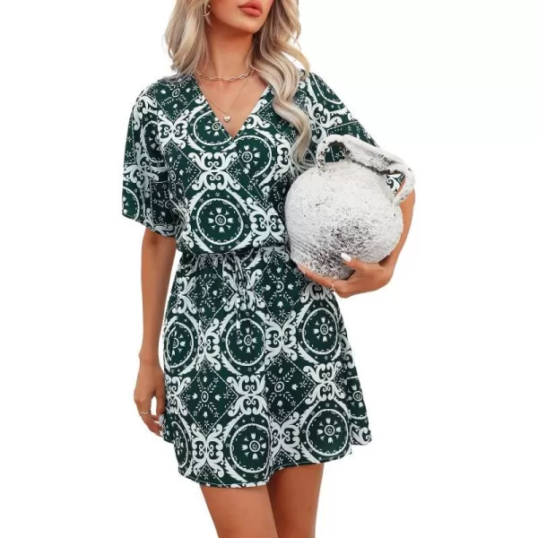 imageCUPSHE Womens Ornate Print Drawstring Mini Dress A Line V NecklineGreen