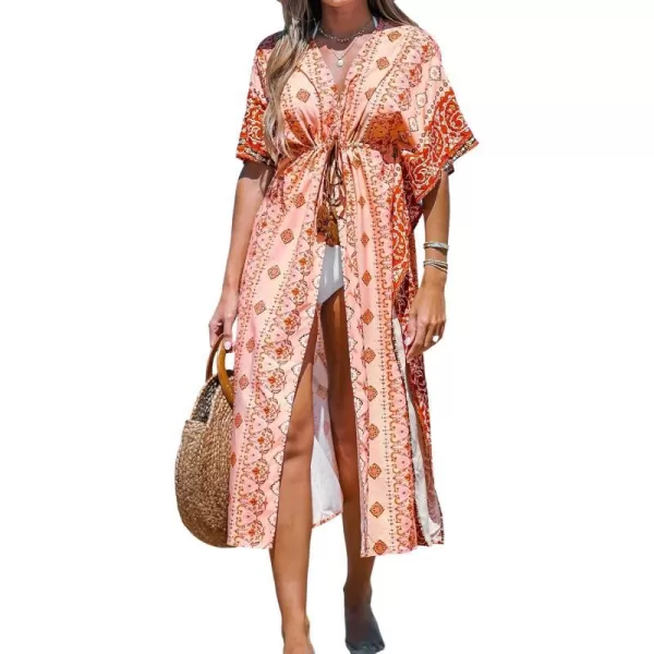 imageCUPSHE Womens Paisley Print Tassel Tie Cover Up Dolman Sleeves Midi Kimono Cover Up DressRed