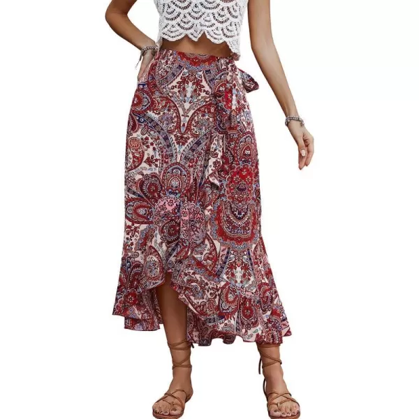 imageCUPSHE Womens Paisley Print Tie Side Skirt Maxi Skirt High Waist Ruffled High Low DressesRed