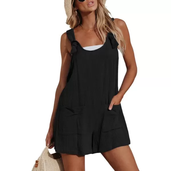 imageCUPSHE Womens Pinafore Romper Scoop Neck Sleeveless Overall Straight Leg Outfit with Front Patch Pockets CasualBlack