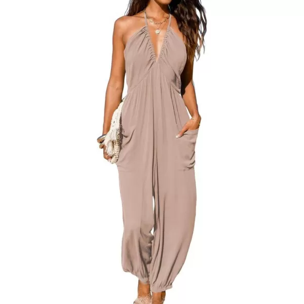 imageCUPSHE Womens Plunge Halter Sleeveless Pleated Long Romper Knit Jogger Maxi Jumpsuit with PocketsSand