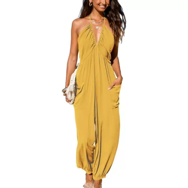 imageCUPSHE Womens Plunge Halter Sleeveless Pleated Long Romper Knit Jogger Maxi Jumpsuit with PocketsYellow