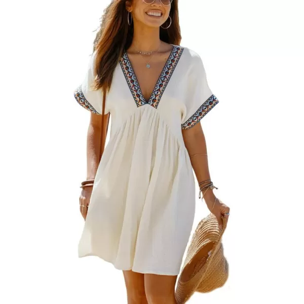 imageCUPSHE Womens Plunge V Neck Beach Dress Cotton Smocked Waist Short Sleeve Mini Casual Summer DressesBeige
