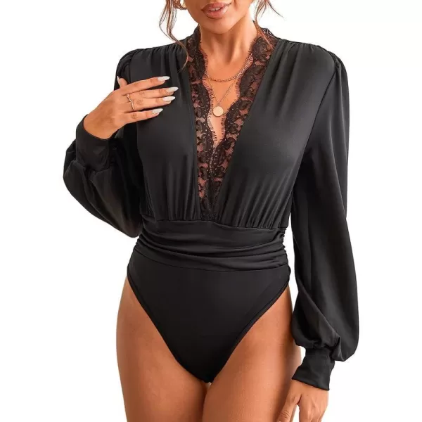 imageCUPSHE Womens Plunge Vneck Lace Trim Long Sleeve Bodysuit Party Shirred Bottoming Blouse TopsBlack