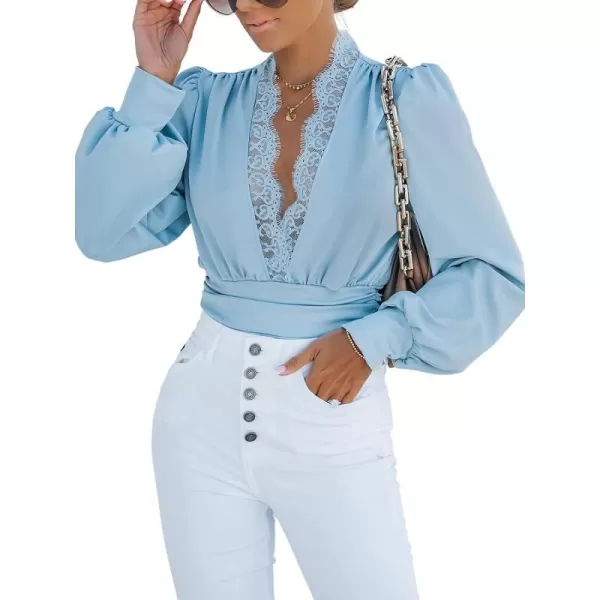 imageCUPSHE Womens Plunge Vneck Lace Trim Long Sleeve Bodysuit Party Shirred Bottoming Blouse TopsBlue