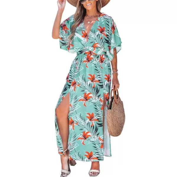 imageCUPSHE Womens Plunging V Neck Dress Tropical Leaves Print Dresses Short Sleeve Split Hem Maxi DressMint Green