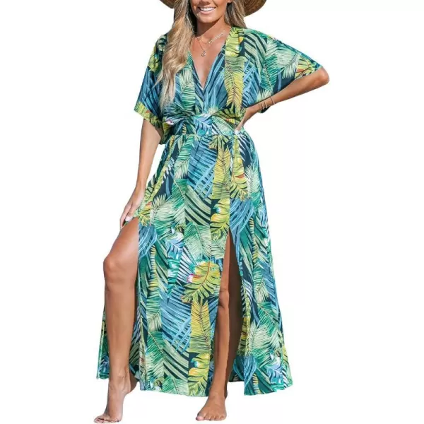 imageCUPSHE Womens Plunging V Neck Dress Tropical Leaves Print Dresses Short Sleeve Split Hem Maxi DressTropical Green
