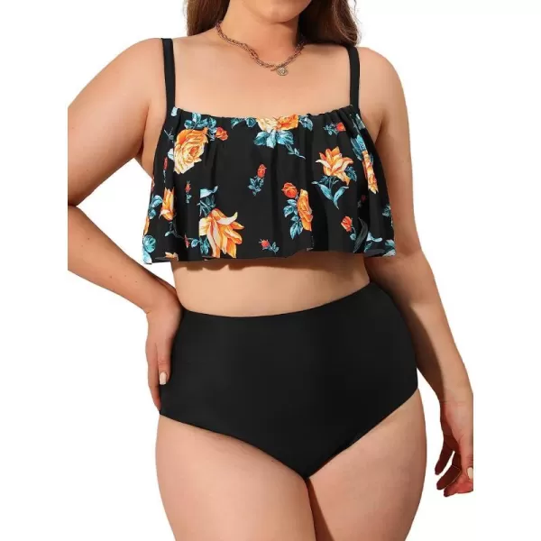 imageCUPSHE Womens Plus Size Bikini Set Leaf Lemon Printed Ruffles SwimsuitBlack  Floral