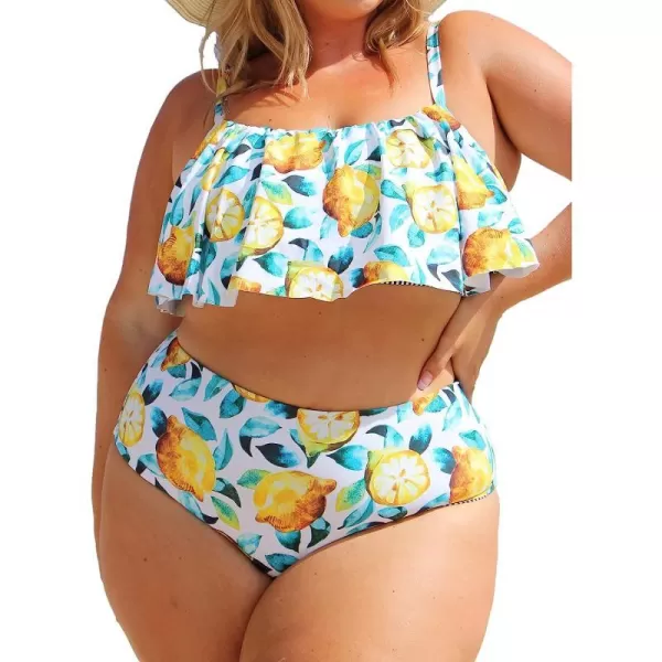 imageCUPSHE Womens Plus Size Bikini Set Leaf Lemon Printed Ruffles SwimsuitMulticolored