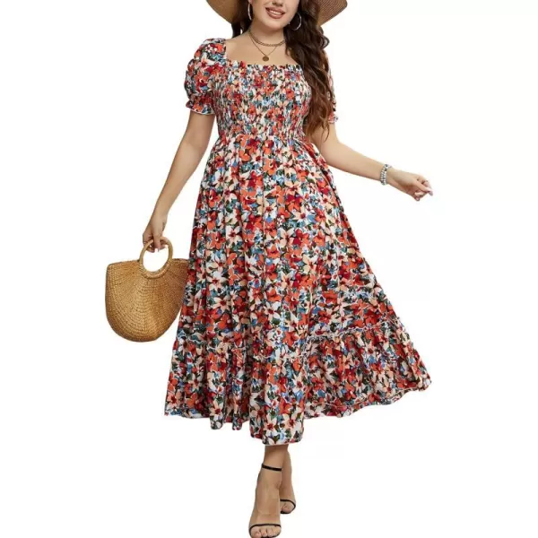 imageCUPSHE Womens Plus Size Dress 2024 Summer Bohemian Maxi Dresses Square Neck Smocked A Line Flowy Beach SundressFloral Red Orange