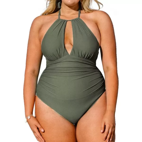 imageCUPSHE Womens Plus Size One Piece Halter Neck Cutout Front Tummy Control Ruched Sides SwimsuitGreen
