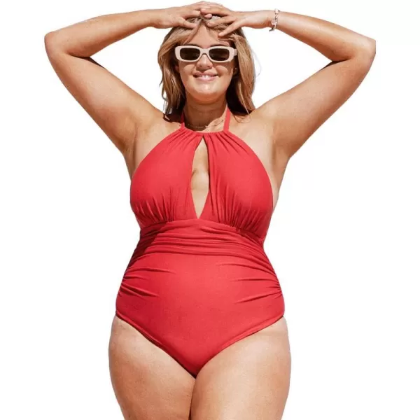 imageCUPSHE Womens Plus Size One Piece Halter Neck Cutout Front Tummy Control Ruched Sides SwimsuitRed