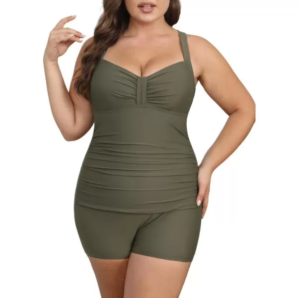 imageCUPSHE Womens Plus Size One Piece Swimsuit Tummy Control Ruched Boyleg Bathing Suit Back TieOlive Green