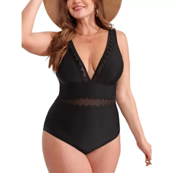 imageCUPSHE Womens Plus Size One Piece Swimsuit V Neck Mesh Scalloped Bathing Suit Adjustable StrapsBlack