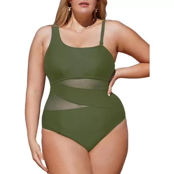 imageCUPSHE Womens Plus Size Swimsuit One Piece Bathing Suit Mesh Removable Straps SwimwearArmy Green