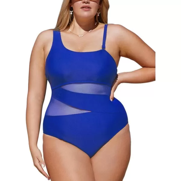 imageCUPSHE Womens Plus Size Swimsuit One Piece Bathing Suit Mesh Removable Straps SwimwearRoyal Blue