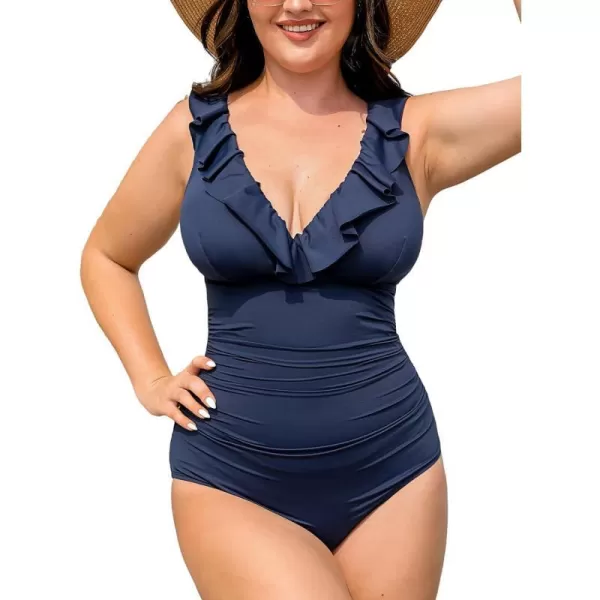 imageCUPSHE Womens Plus Size Swimsuit One Piece Bathing Suit Ruffled V Neck Ruched Tummy Control SwimwearNavy
