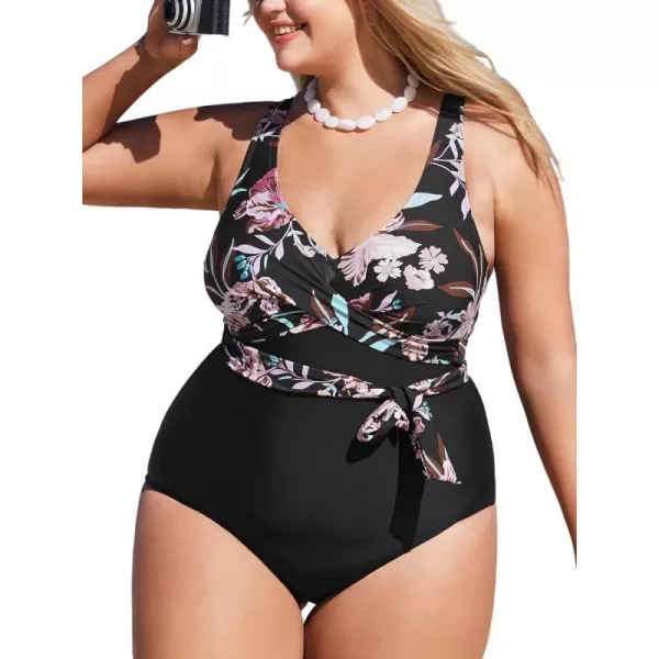 imageCUPSHE Womens Plus Size Swimsuit One Piece Bathing Suit Wrap Self Tie Retro Floral Adjustable StrapsBlack Floral