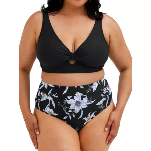 imageCUPSHE Womens Plus Size Swimsuit Two Piece Bathing Suit High Waisted Cutout Floral Bikinis with Back HookBlack Floral