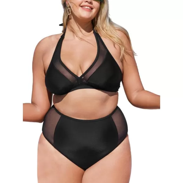 imageCUPSHE Womens Plus Size Swimsuit Two Piece High Waisted Mesh Halter Bikini Set with Back HookBlack