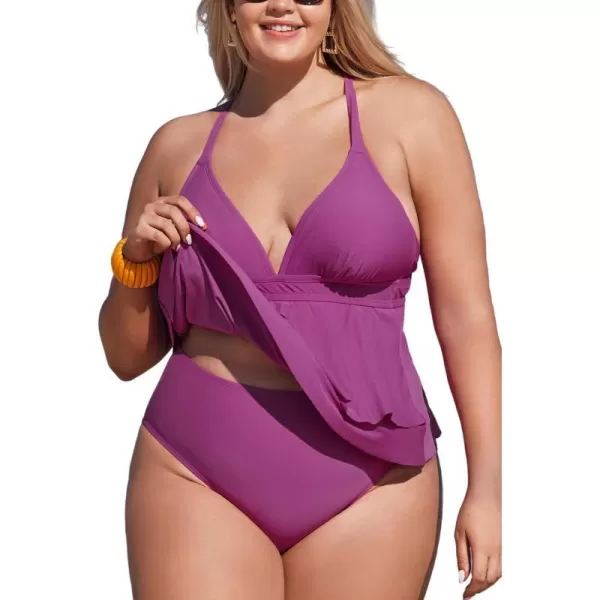 imageCUPSHE Womens Plus Size Tankini Set V Neck Swimsuit Crisscross Back Tie Tiered Flounce HemMagenta