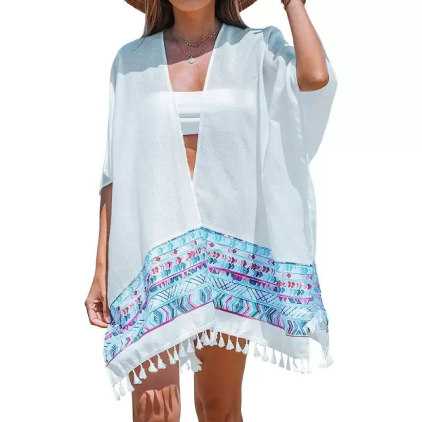 imageCUPSHE Womens Print Tassel Trim CoverUp Kimono Midi Beachwear with Short Dolman SleevesWhite
