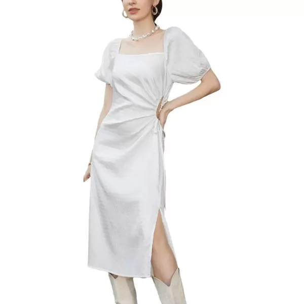 imageCUPSHE Womens Puff Sleeve Wedding Dress Square Neck Cutout Waist Tie Split Hem Midi Casual DressesWhite