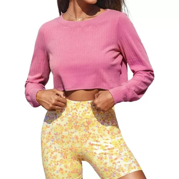 imageCUPSHE Womens Pull Over Long Sleeve Round Neck Sweatshirt Crop Knot Hem TopsPink2