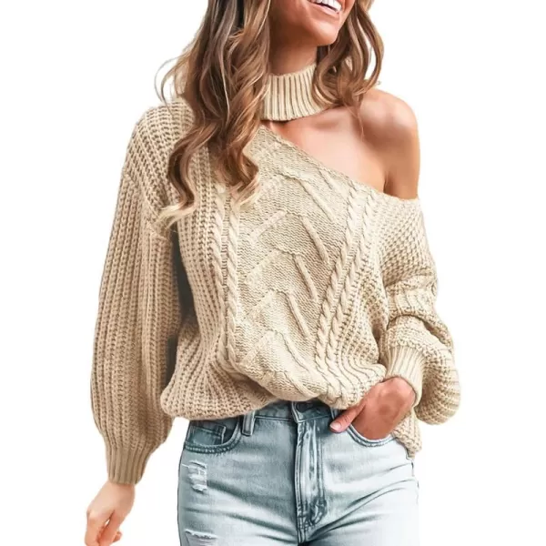 imageCUPSHE Womens Pullover Sweater Mock Neck One Shoulder Long Sleeve Causal Top JumperBeige
