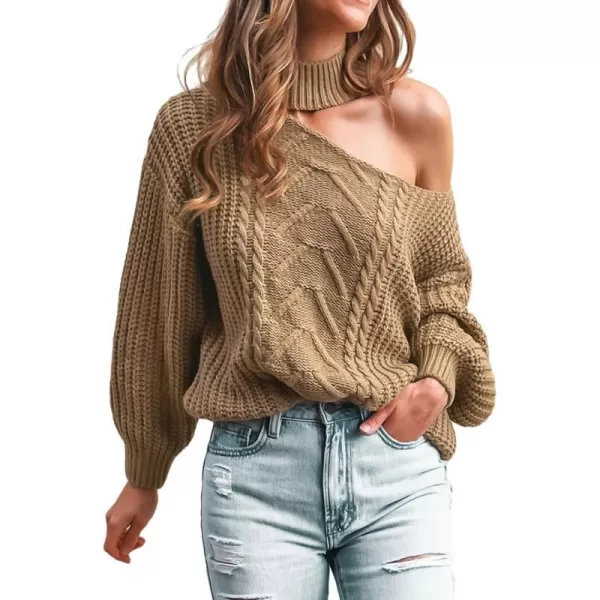 imageCUPSHE Womens Pullover Sweater Mock Neck One Shoulder Long Sleeve Causal Top JumperSand