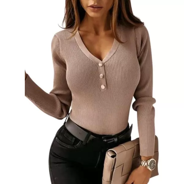 imageCUPSHE Womens Ribbed VNeck Buttoned Sweater Winter Casual Slim Fitt Bottoming TopsKhaki