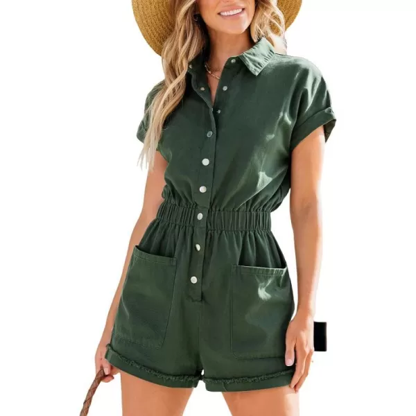 imageCUPSHE Womens Romper Collared Neck Smocked Waist Loose Fit Straight Leg Overall Short Sleeve Outfit CasualGreen
