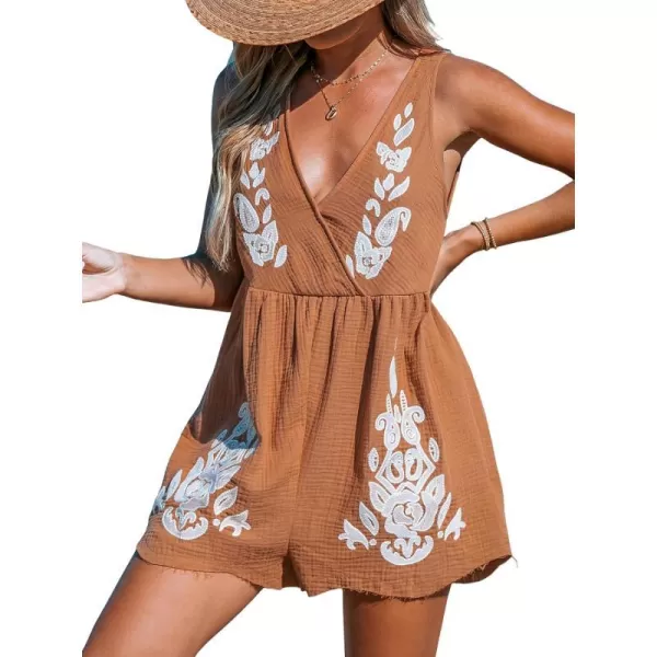 imageCUPSHE Womens Romper Embroidered VNeckline Sleeveless Wide leg Overall Outfit Casual BeachBrown