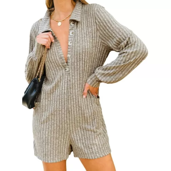 imageCUPSHE Womens Romper Ribbed HalfButtoned Rompers Long Sleeve V Neck Outfit Jumpsuits Casual DressyBrown