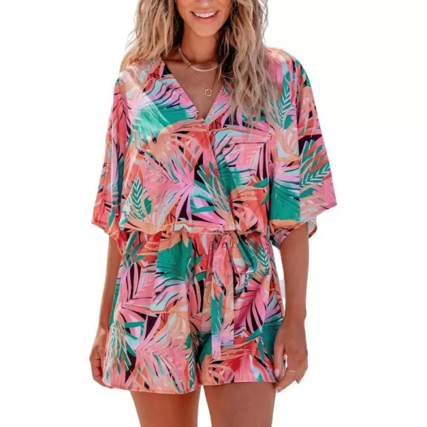 imageCUPSHE Womens Romper Short Sleeves Belted Jumpsuits V Neck Wide Leg Overall Outfit CasualPink