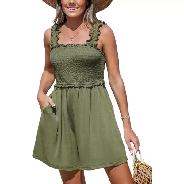 imageCUPSHE Womens Romper Square Neck Ruffled Jumpsuits Smocked Bodice Overall Sleeveless Outfit CasualGreen